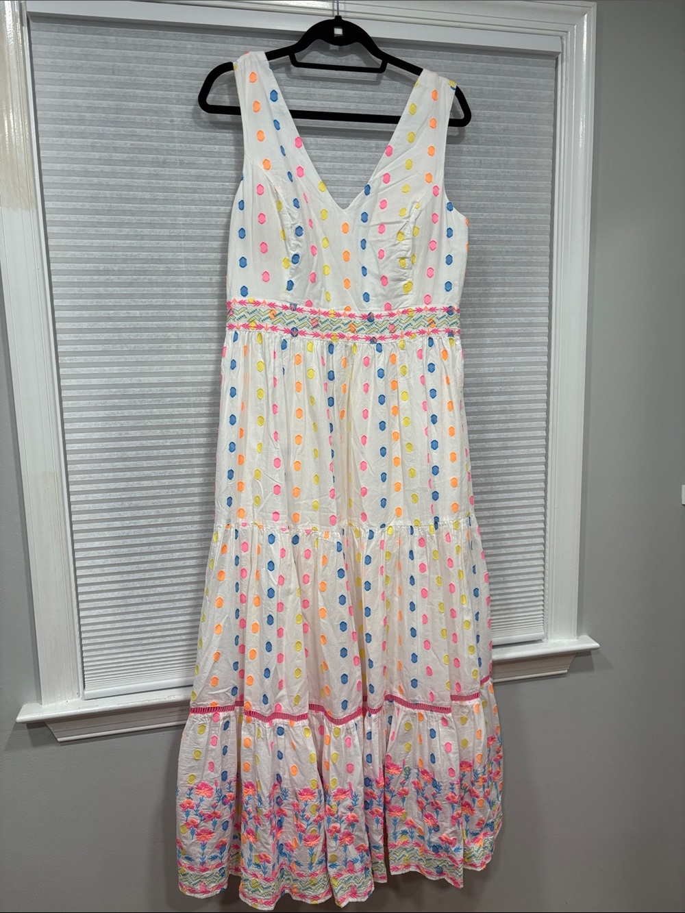 Lilly Pulitzer White Maxi Dress with Pink, Blue, Yellow and Orange Polka Dots